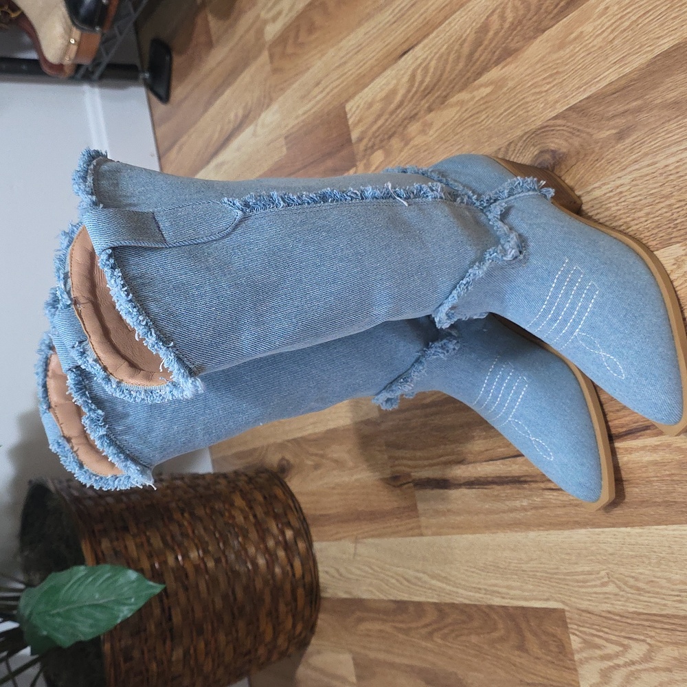 Frayed Denim Pullon Mid Calf Boots Womens 37 - Picture 2 of 7